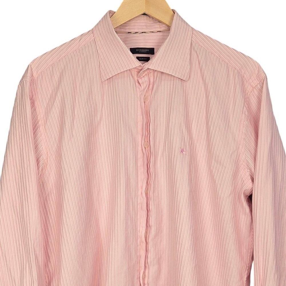 Burberry London Dress Shirt Men EU 43 US 17 Pink Slim Fit Stripe Long Sleeve